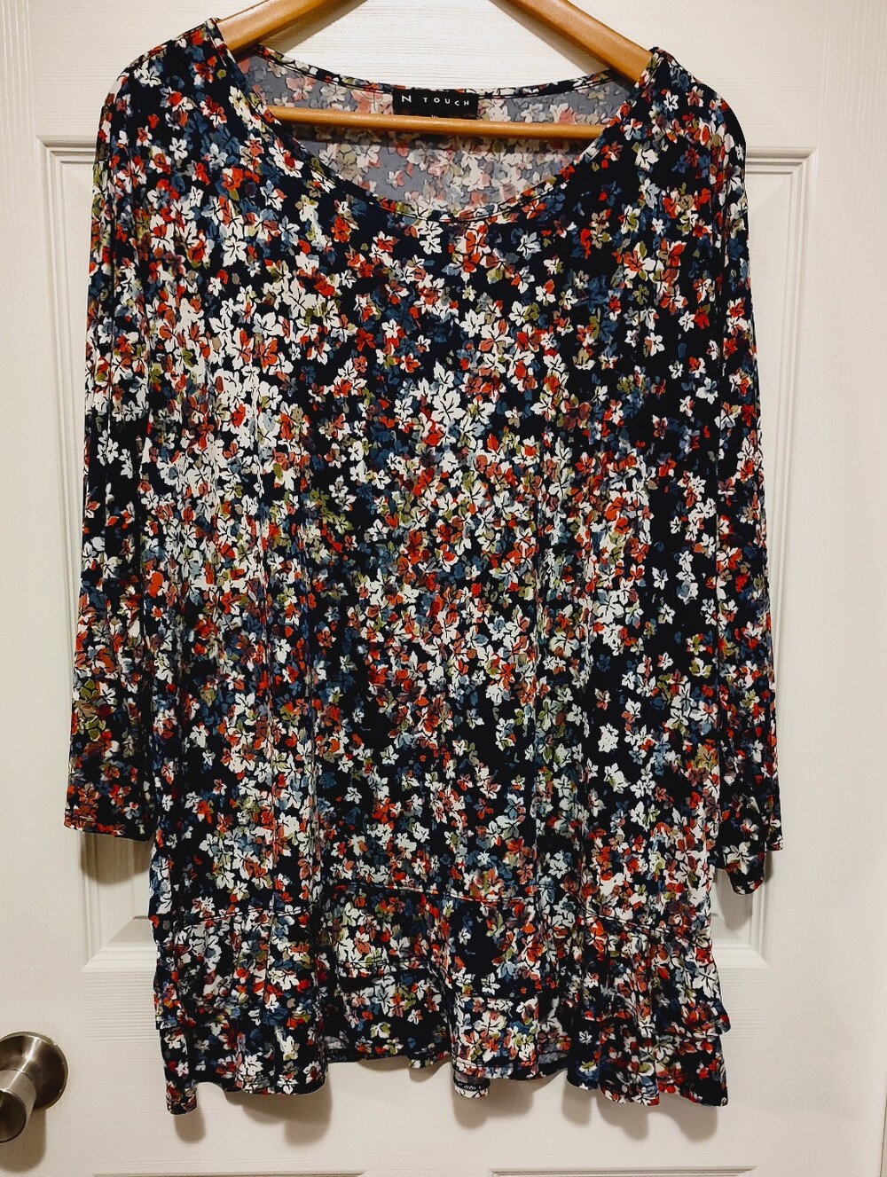 N Touch Navy Floral Ruffle-Hem Tunic